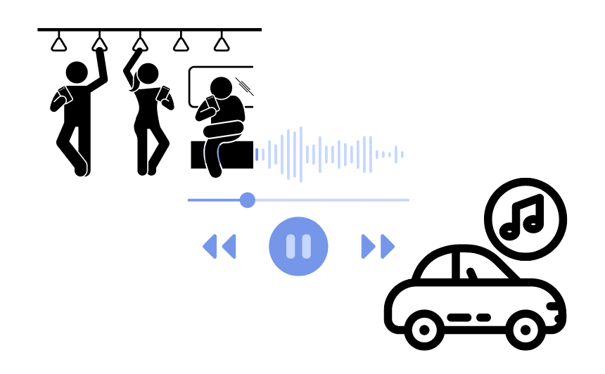 電車の中でスマホを眺めているアイコンや車と音楽のアイコン、再生画面