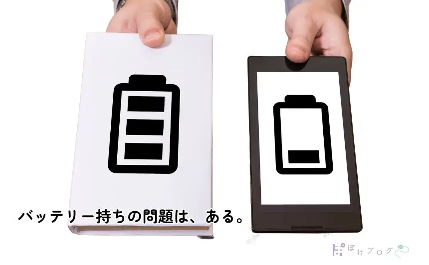 満タンのバッテリーイラストが描かれた紙の本の表紙とバッテリー表示が少ないタブレットの画像