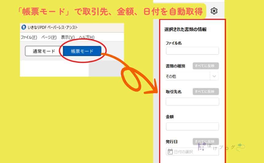 帳票モードで自動読み取りされる項目は、取引先、金額、日付
