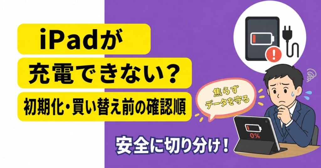 充電できないiPadを前に、初期化や買い替え前の確認順を考える会社員