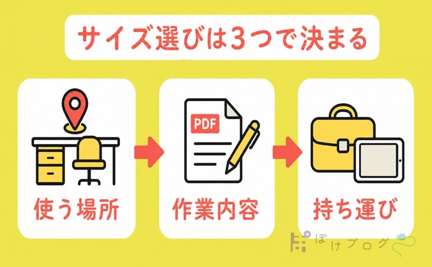 iPadのサイズ選びを使う場所、作業内容、持ち運びの3要素で示した図
