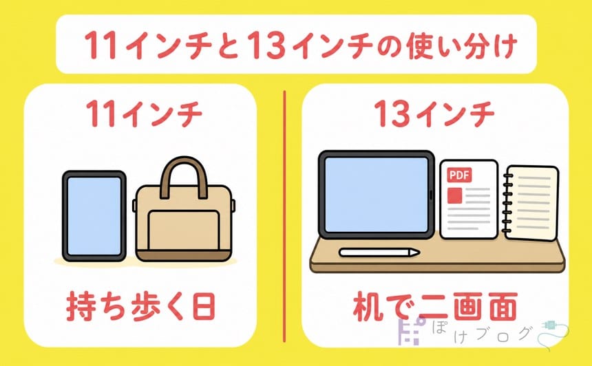 11インチは持ち歩き、13インチは机で二画面というiPadの使い分け