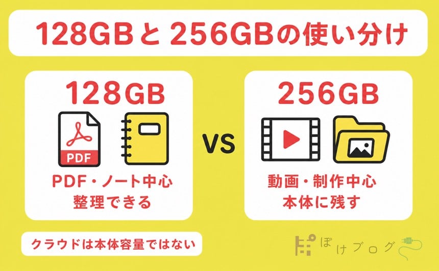 128GBと256GBをPDFや動画の用途で使い分ける比較図