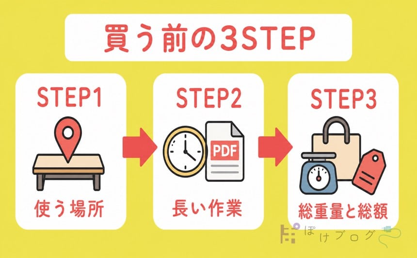 iPad購入前に使う場所、長い作業、総重量と総額を確認する3STEP