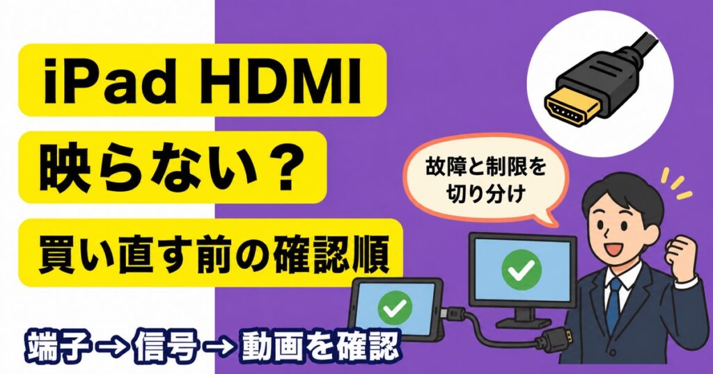 iPad HDMI 映らない?買い直す前の確認順を示すアイキャッチ