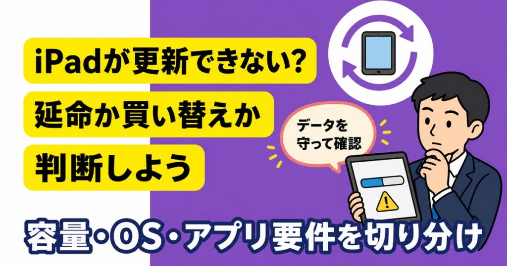 iPadが更新できない時に容量・OS・アプリ要件を確認し延命か買い替えかを判断するアイキャッチ