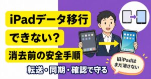 iPadのデータ移行ができないときに旧iPadを消去する前の安全手順を示すアイキャッチ