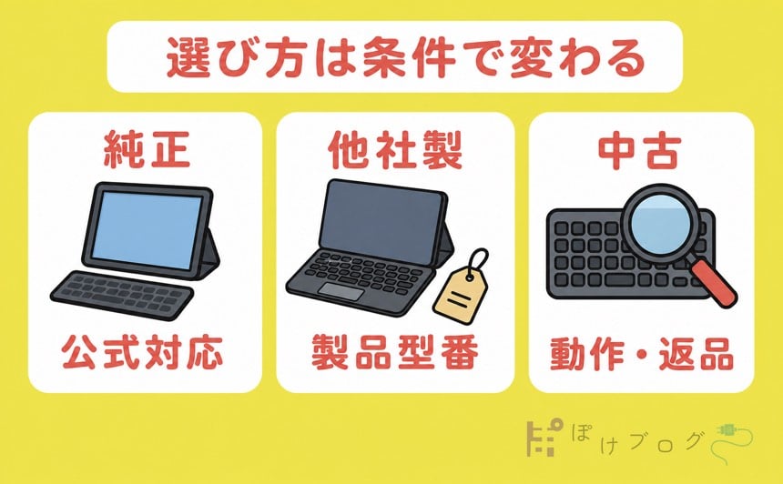 純正は公式対応、他社製は製品型番、中古は動作と返品を確認する比較図