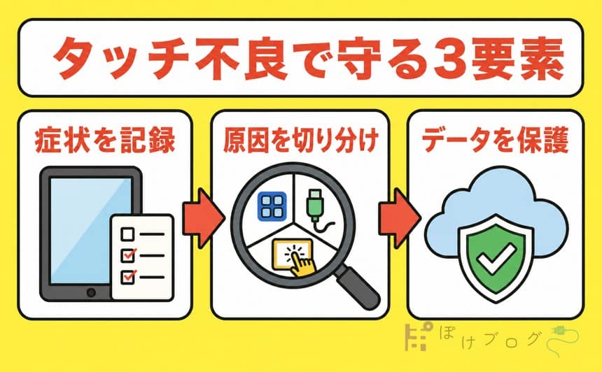 iPadのタッチ不良で症状の記録、原因の切り分け、データ保護を行う3要素
