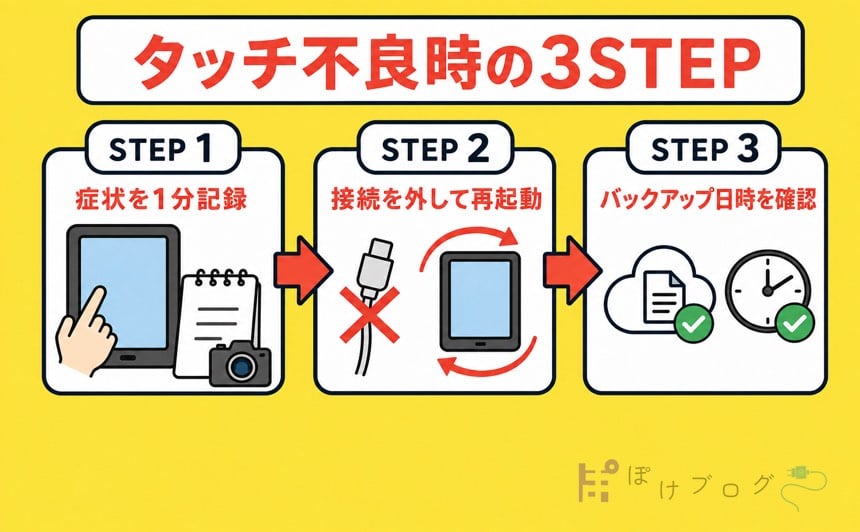 iPadタッチ不良時に症状記録、接続解除と再起動、バックアップ確認を行う3STEP